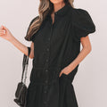 Black Shirt Style Button Down Puff Sleeve Ruffle Hem Dress - Damesmode Afbeelding 5 - Foto 5