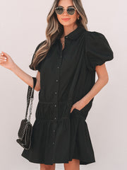 Robe chemise noire à boutons à manches bouffantes, ourlet à volants - Image mode féminine 5 - Miniatuur