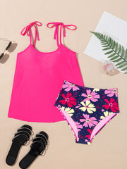 Rose Red Tie Schulter-Muster süßes Tankini-Set mit Blumenmuster - Miniatuur