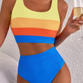 Blue Colorblock Square Neck Top Pleated High Waisted Bikini - Damesmode Afbeelding 2 - Foto 2