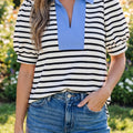 Black Stripe Short Puff Sleeve Color Block Polo Collar Blouse - Damesmode Afbeelding 1 - Foto 1