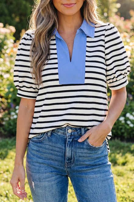 Black Stripe Short Puff Sleeve Color Block Polo Collar Blouse - Damesmode Afbeelding 1