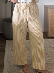 Apricot Stripe Ribbon Drawstring Waist Full-Length Shift Pant - Damesmode Afbeelding 2 - Miniatuur
