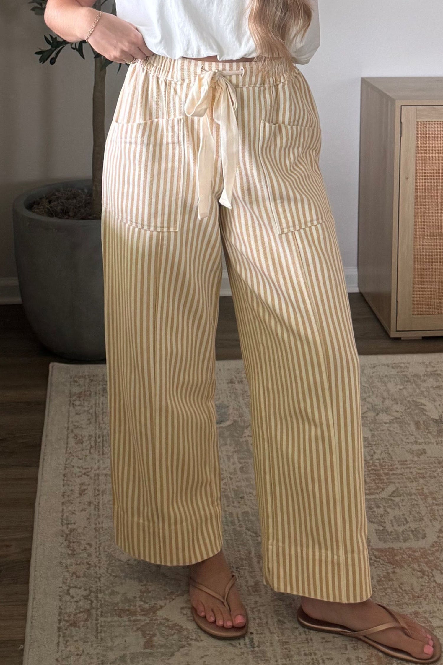 Apricot Stripe Ribbon Drawstring Waist Full-Length Shift Pant - Damesmode Afbeelding 2