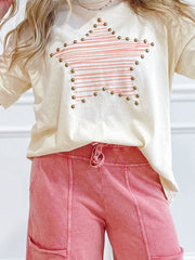 Beige Star Print Stud Detail Cotton Jersey Top - Damesmode Afbeelding 3 - Miniatuur
