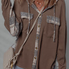 Brown Plaid Patchwork Button Down Drawstring Hooded Shacket - Damesmode Afbeelding 1 - Thumbnail