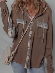 Brown Plaid Patchwork Button Down Drawstring Hooded Shacket - Damesmode Afbeelding 1 - Miniatuur