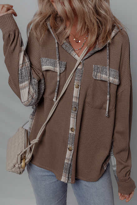 Brown Plaid Patchwork Button Down Drawstring Hooded Shacket - Damesmode Afbeelding 1