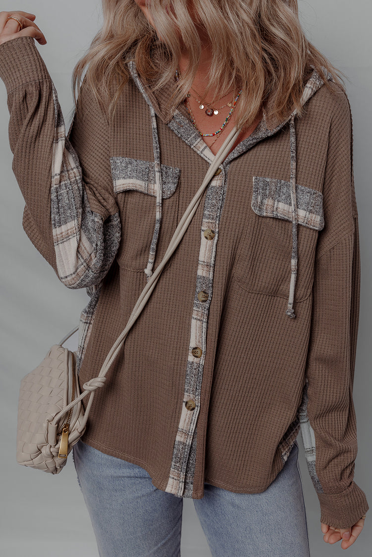 Brown Plaid Patchwork Button Down Drawstring Hooded Shacket - Damesmode Afbeelding 1 - Damesmode