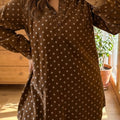 Brown Polka Dot V Neck Long Sleeve Button Shift Dress - Foto 3