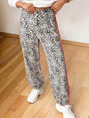 Brown Leopard Print Rainbow Striped Detail Buttoned Loose Jogger Jeans - Damesmode Afbeelding 1 - Miniatuur
