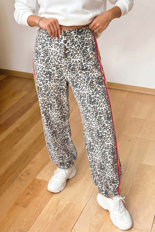 Brown Leopard Print Rainbow Striped Detail Buttoned Loose Jogger Jeans - Damesmode Afbeelding 1