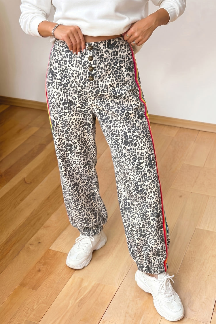 Brown Leopard Print Rainbow Striped Detail Buttoned Loose Jogger Jeans - Damesmode Afbeelding 1 - Damesmode