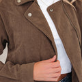 Dark Khaki Button Zip Up Lapel Collar Corduroy Jacket - Foto 4