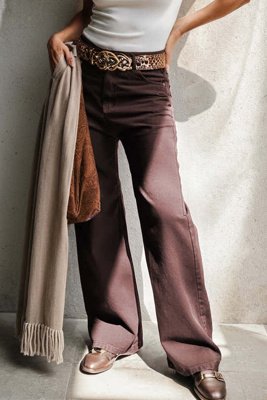 Jeans Coffee Larghi, Dritti, Vita Alta e Colore Solido