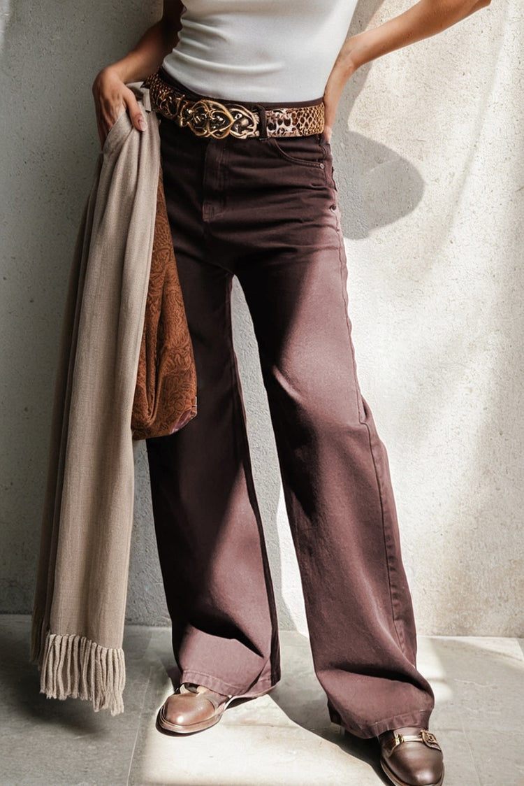 Coffee Loose Straight High Waist Solid Color Jeans - Damesmode