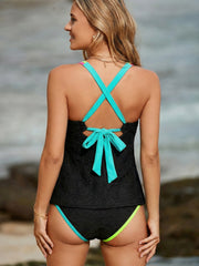 Schwarzes, floral-strukturiertes Neon-Trim-Set mit V-Ausschnitt und rückenlosem Tankini-Set – Damesmode Afbeelding 2 - Miniatuur