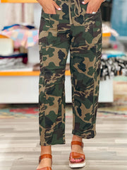 Green Camouflage Print Drawstring Patch Pocket Barrel Jeans - Miniatuur