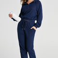 Marineblaues Rippen-Strick-Hoodie-Set mit Kordelzug und Joggerhose mit Kordelzug - Foto 6