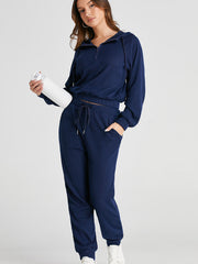 Ensemble de sweat à capuche courte en maille côtelée bleu marine et pantalons de jogging à cordon - Miniatuur