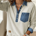 Sleet Denim Collar Patchwork Long Sleeve Pullover Top - Foto 5