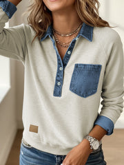 Schneeregen Denim-Kragen-Patchwork-Langarmpullover Top - Miniatuur