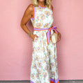 Wäiss Blummenprint Faarfblock-Trim Gürtel-Ärmellos Maxi-Kleed - Foto 5