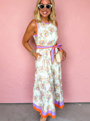 White Floral Print Color Block Trim Belted Sleeveless Maxi Dress - Miniatuur