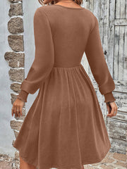 Dark Grey Shirred Cuff Long Sleeve Button Round Neck Mini Dress - Miniatuur