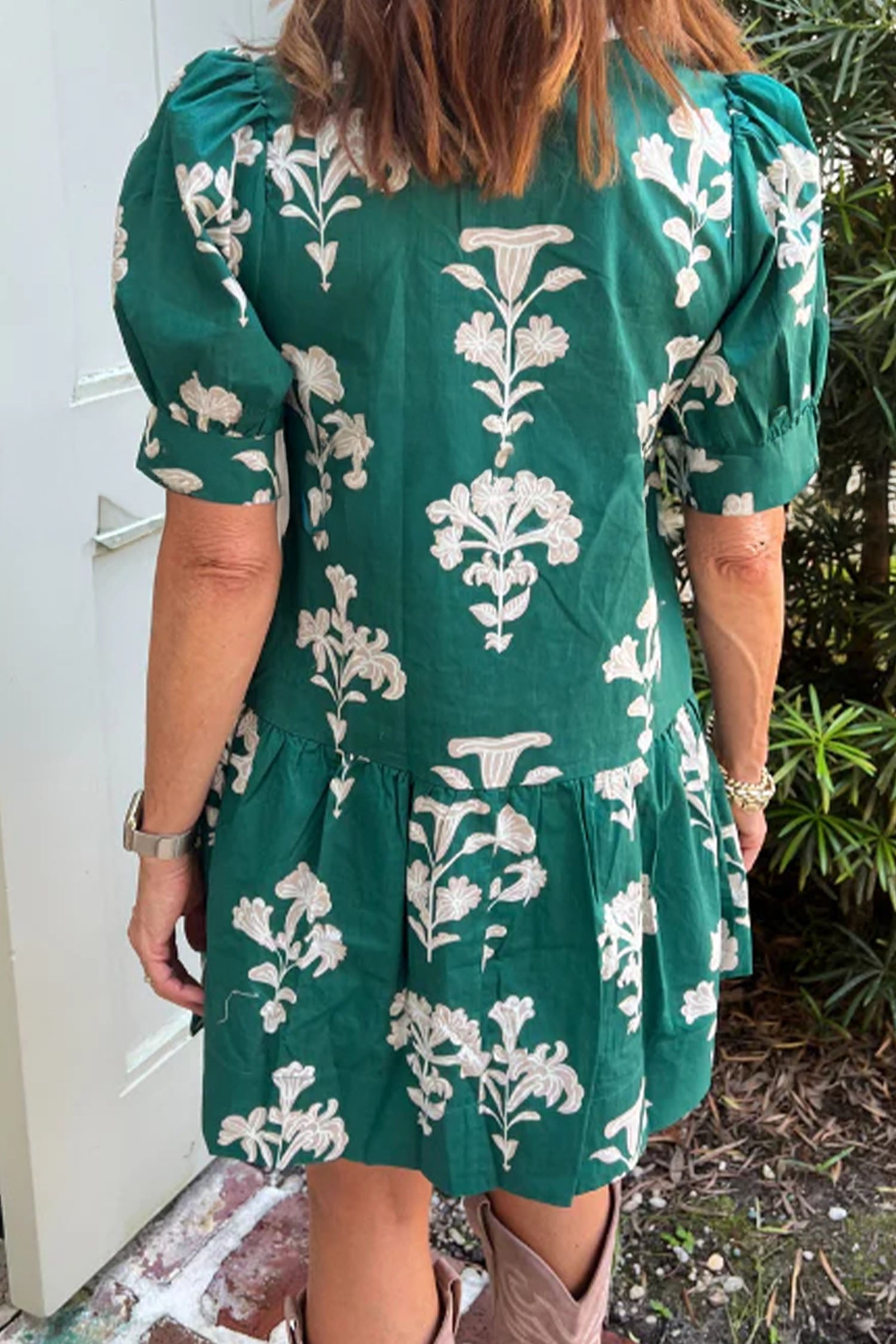 Schwarzes Rüschen-V-Neck-Puff-Kurzärmel-Minikleid mit Blumenmuster – Damesmode Afbeelding 5
