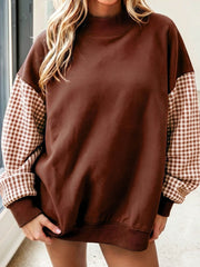 Russet Orange Plaid Sleeve Colorblock Loose Tunic Sweatshirt - Miniatuur