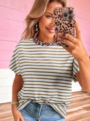 Khaki Stripe Leopard Patchwork Round Neck Loose T Shirt - Miniatuur