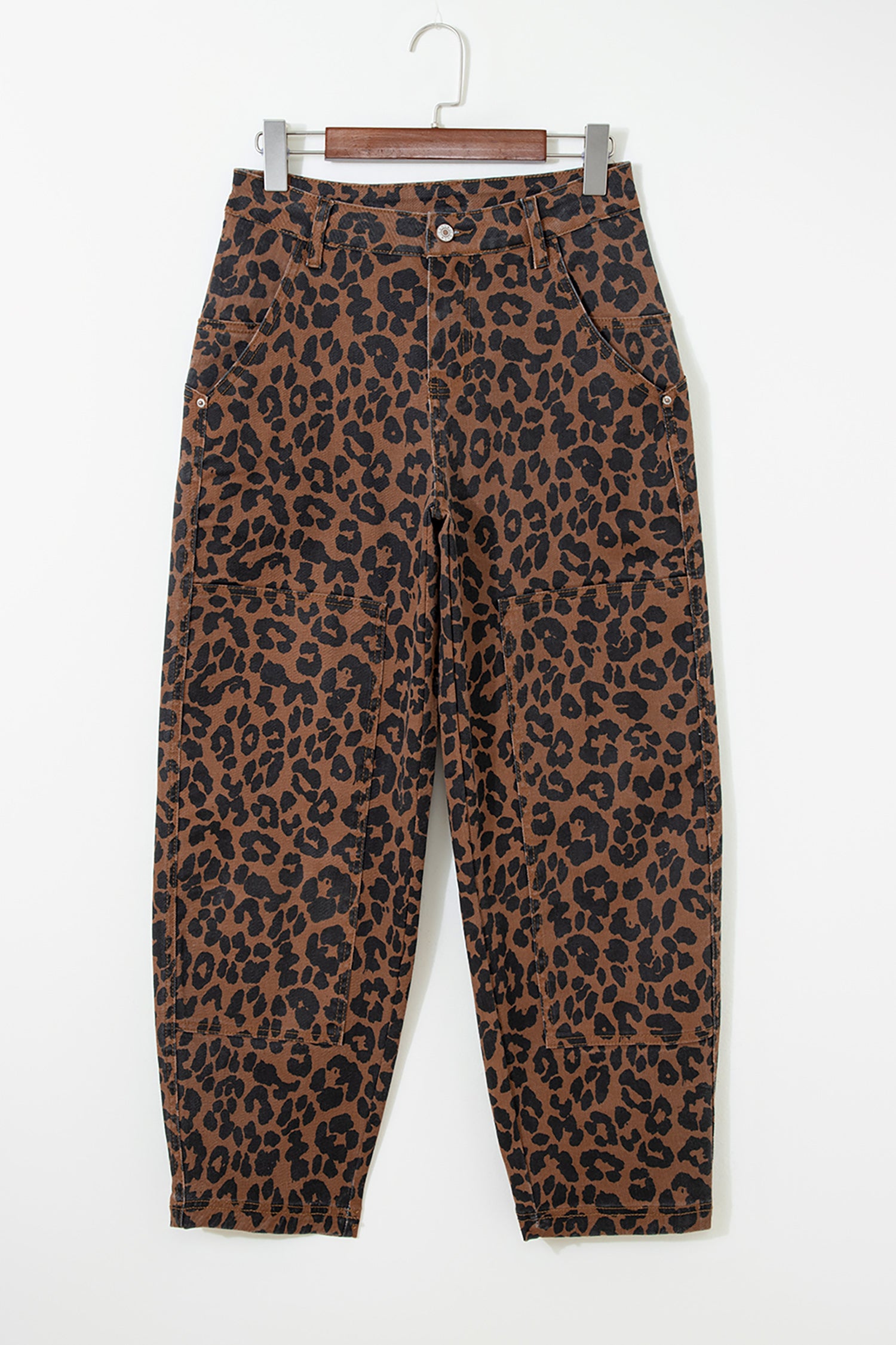 Brown Clear Seam Detail Patchwork Leopard Print Barrel Jeans - Damesmode Afbeelding 5