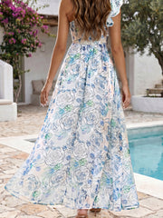 Sky Blue Floral Print Ruffled One Shoulder Vacation Maxi Dress - Miniatuur