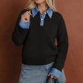 Black Denim Patchwork Collar Cuffed Casual Sweater - Damesmode Afbeelding 3 - Foto 3