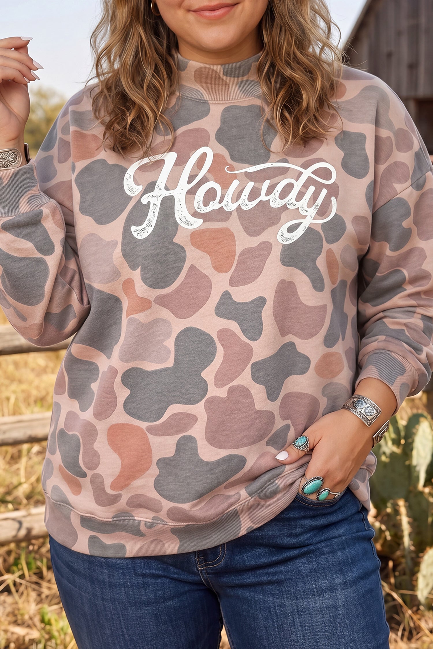 Flerfarvet Camouflage Western Graphic Plus Size Sweatshirt