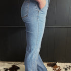 Dusk Blue 2 Button High Waist Piping Trim Bootcut Jeans - Thumbnail