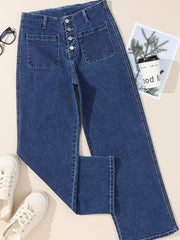 Jeans tagliati a vita alta a vita alta e gamba larga tagliati a vela blu - Miniatuur