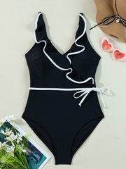 Costume da bagno nero a V con volant e volant - Damesmode Afbeelding 8 - Miniatuur