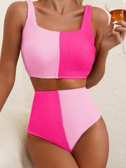 Pink Corded Colorblock Square Neck Bikini Swimsuit - Miniatuur