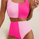 Roze-Corded Colorblock Bikini-Bikini-Badeanzug mit quadratem Ausschnitt