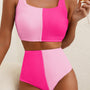 Pink Corded Colorblock Square Neck Bikini Swimsuit