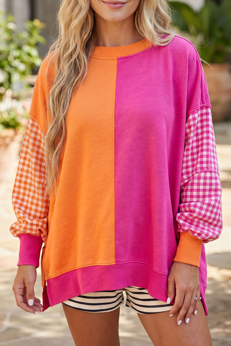 Rosarote Farbblock-Gingham-Ärmel-Pullover mit Rundhals - Damesmode