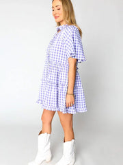 Lavendula Karo-Rüschen Weites Kurzarm-Babydoll-Minikleid - Miniatuur
