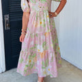 Rosa Blummenprint kuerz Puff-Ärmel héich Taille gestufte Maxi-Kleed - Foto 6