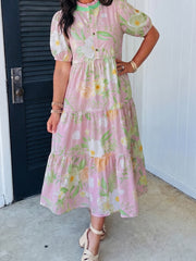 Pink Floral Print Short Puff Sleeve High Waist Tiered Maxi Dress - Miniatuur