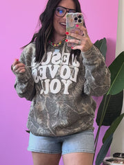 Brauner Retro-Camouflage Jesus Loves You Druck entspannter Hoodie - Miniatuur