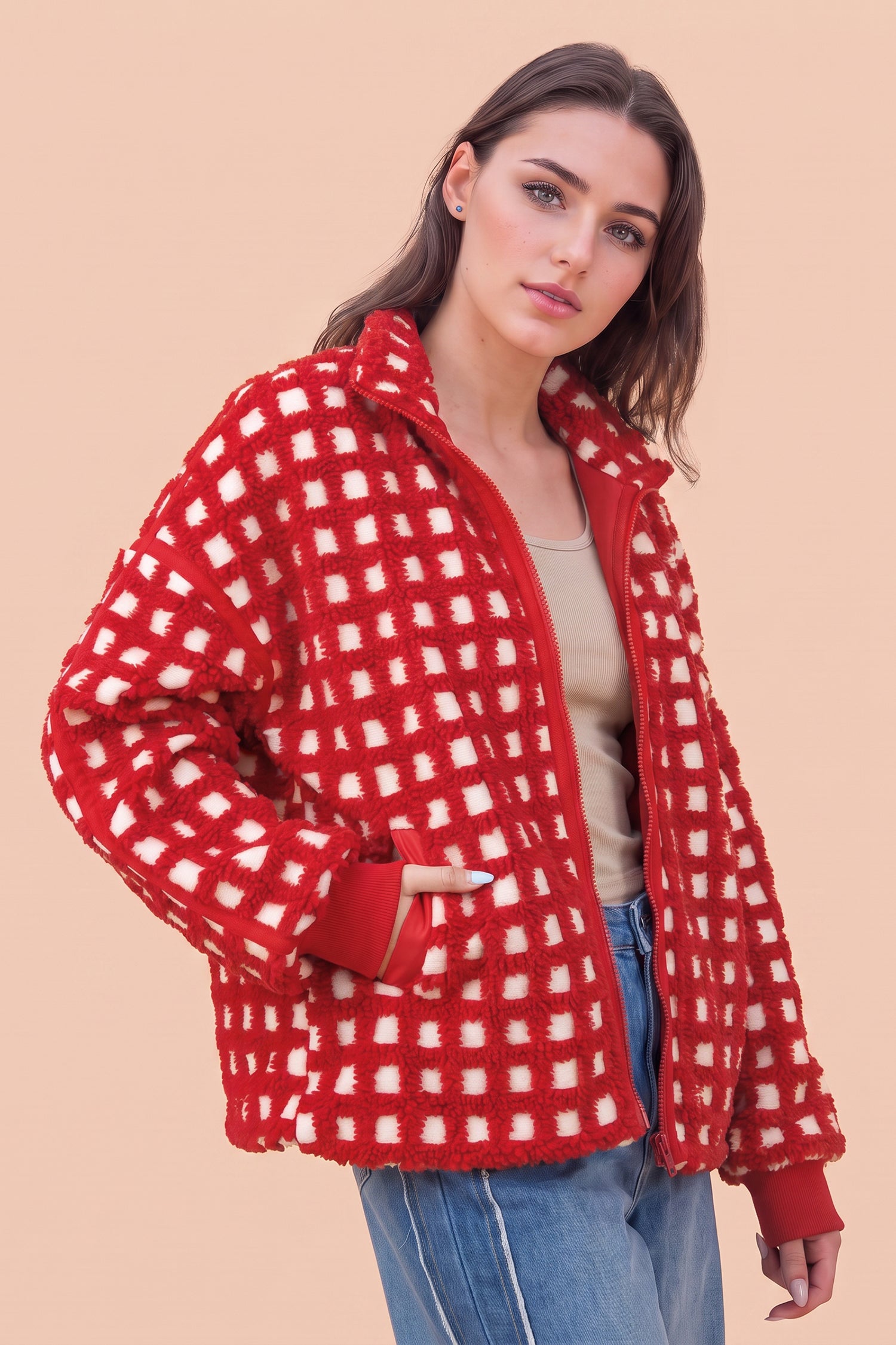 Veste à manches longues à carreaux rouge flamboyant à fermeture éclair