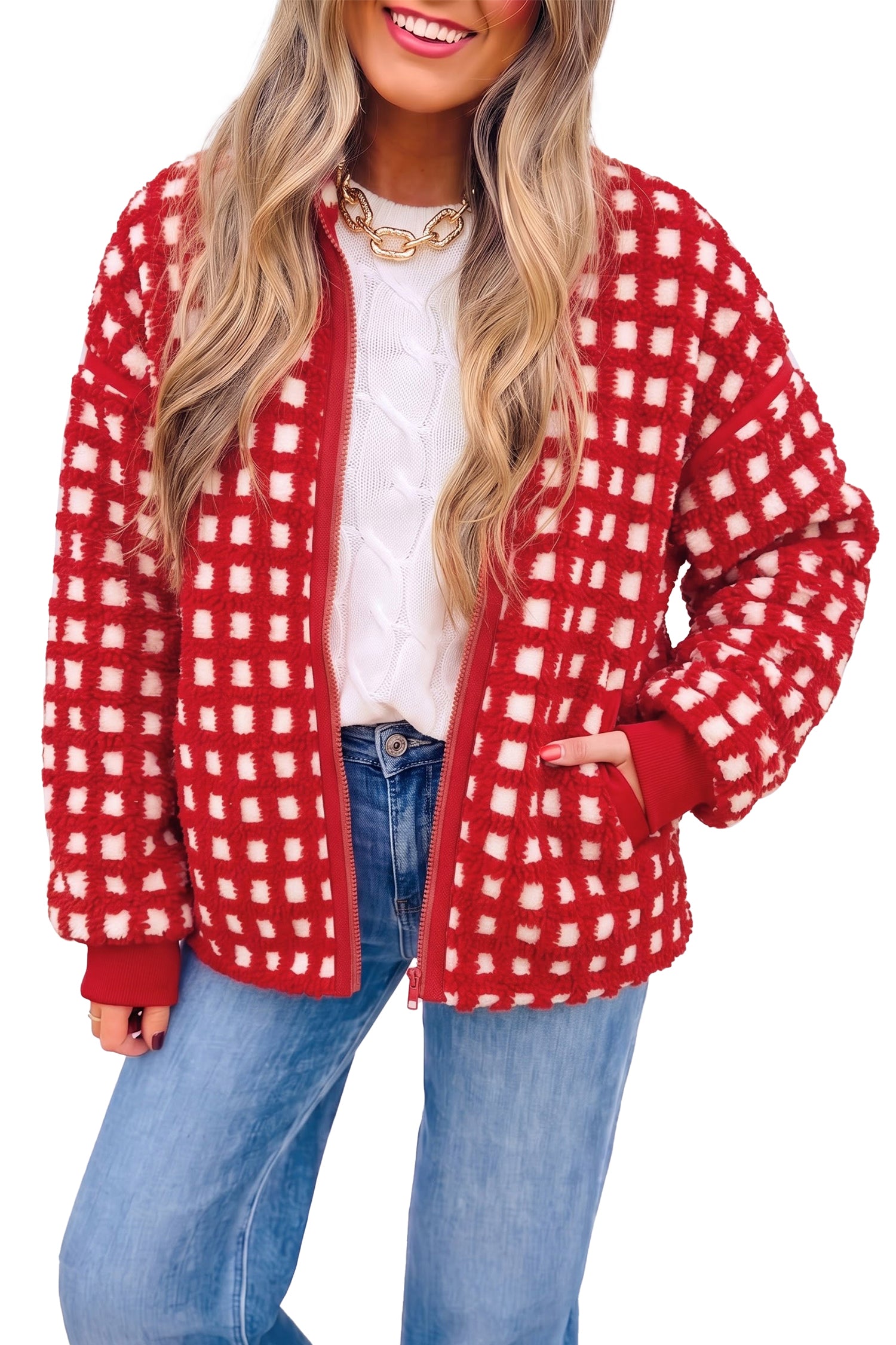 Veste à manches longues à carreaux rouge flamboyant à fermeture éclair