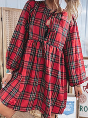 Red Plaid Tie Front Long Sleeve Short Shift Dress - Miniatuur